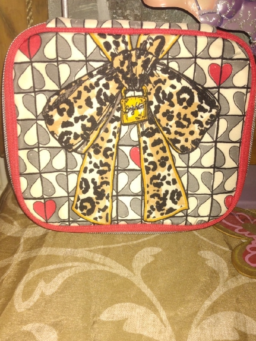 Brighton Cream, Red and Tan Leopard Bow Cosmetic Pouch